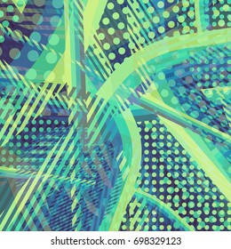 Abstract colorful disco background created with stripes, dots and patters of colors.