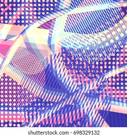 Abstract colorful disco background created with stripes, dots and patters of colors.