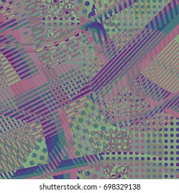 Abstract colorful disco background created with stripes, dots and patters of colors.
