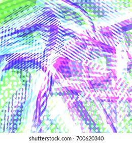 Abstract colorful disco background created with stripes, dots and patters of colors.