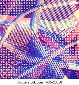 Abstract colorful disco background created with stripes, dots and patters of colors.