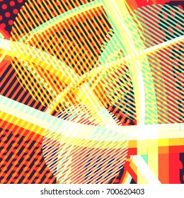 Abstract colorful disco background created with stripes, dots and patters of colors.