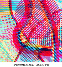 Abstract colorful disco background created with stripes, dots and patters of colors.