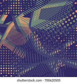 Abstract colorful disco background created with stripes, dots and patters of colors.