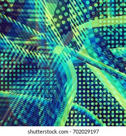 Abstract colorful disco background created with stripes, dots and patters of colors.