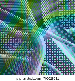 Abstract colorful disco background created with stripes, dots and patters of colors.