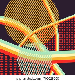 Abstract colorful disco background created with stripes, dots and patters of colors.