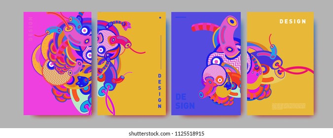 Abstract colorful doodle collage poster design template. doodle illustration for cover design. Blue, yellow, red, orange, pink and green. Vector banner poster template in Eps10.