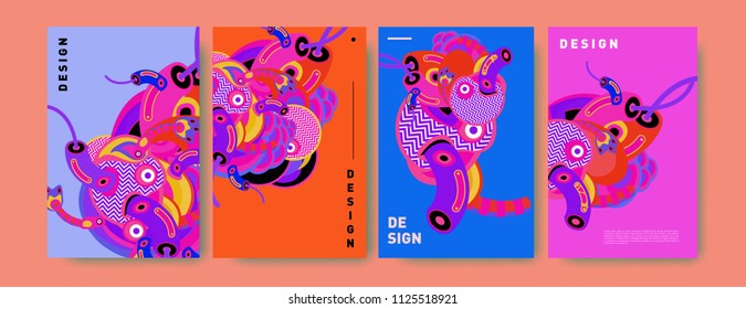 Abstract colorful doodle collage poster design template. doodle illustration for cover design. Blue, yellow, red, orange, pink and green. Vector banner poster template in Eps10.