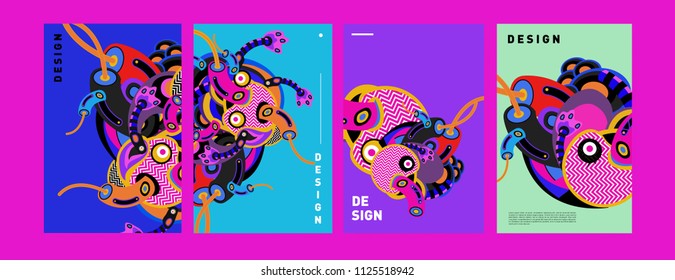 Abstract colorful doodle collage poster design template. doodle illustration for cover design. Blue, yellow, red, orange, pink and green. Vector banner poster template in Eps10.