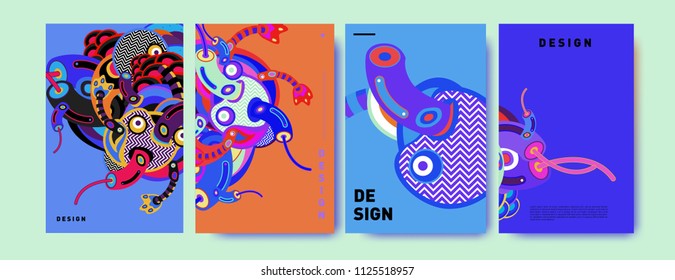 Abstract colorful doodle collage poster design template. doodle illustration for cover design. Blue, yellow, red, orange, pink and green. Vector banner poster template in Eps10.