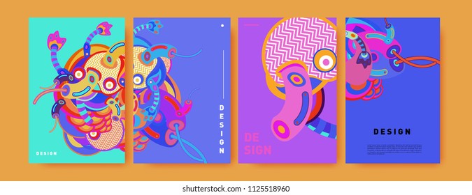 Abstract colorful doodle collage poster design template. doodle illustration for cover design. Blue, yellow, red, orange, pink and green. Vector banner poster template in Eps10.