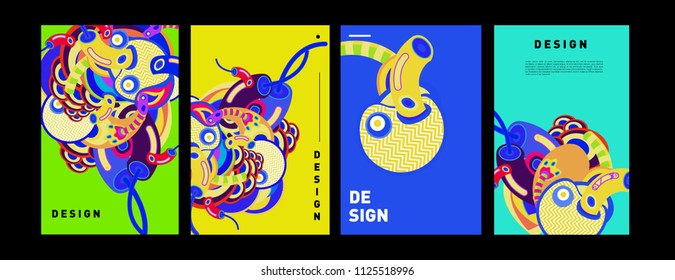 Abstract colorful doodle collage poster design template. doodle illustration for cover design. Blue, yellow, red, orange, pink and green. Vector banner poster template in Eps10.