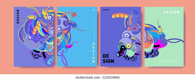 Abstract colorful doodle collage poster design template. doodle illustration for cover design. Blue, yellow, red, orange, pink and green. Vector banner poster template in Eps10.