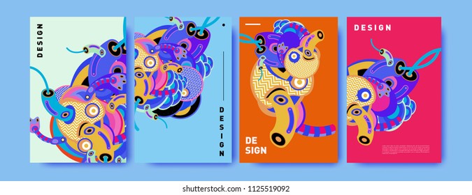 Abstract colorful doodle collage poster design template. doodle illustration for cover design. Blue, yellow, red, orange, pink and green. Vector banner poster template in Eps10.