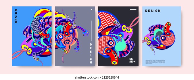 Abstract colorful doodle collage poster design template. doodle illustration for cover design. Blue, yellow, red, orange, pink and green. Vector banner poster template in Eps10.