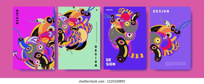 Abstract colorful doodle collage poster design template. doodle illustration for cover design. Blue, yellow, red, orange, pink and green. Vector banner poster template in Eps10.