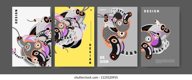 Abstract colorful doodle collage poster design template. doodle illustration for cover design. Blue, yellow, red, orange, pink and green. Vector banner poster template in Eps10.
