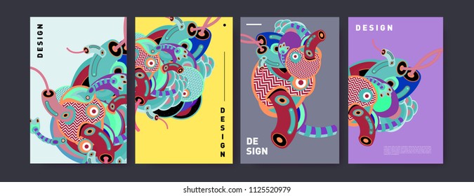Abstract colorful doodle collage poster design template. doodle illustration for cover design. Blue, yellow, red, orange, pink and green. Vector banner poster template in Eps10.
