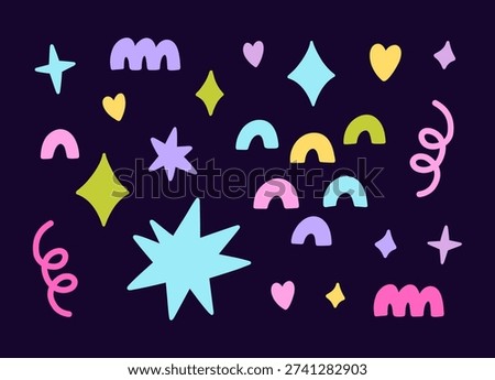 Abstract colorful doodle composition with stars, hearts and geometric shapes on dark background. Modern flat hand-drawn illustration for poster, print and creative design.