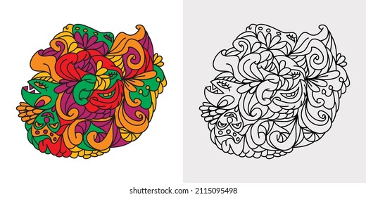 Abstract Colorful Doodle Design Vector. Face Pattern Elements, Spooky Fish, Clown Mask and Flowers