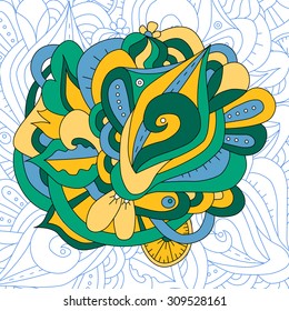 Abstract colorful doodle element for design. Zentangle with blue and white patterned background. Good for card, invitation, presentation, wedding, t-shirt, greeting, bag, cover. Vector illustration. 