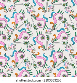Abstract colorful doodle flower with curls seamless pattern. Fantasy floral background. 