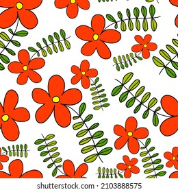 Abstract colorful doodle flower with curls seamless pattern. Messy fantasy floral background. 