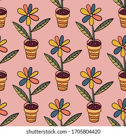 Abstract colorful doodle flower with leaves in pot seamless pattern. Floral background. Vector illustration.  
