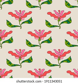 Abstract colorful doodle flower with leaves seamless pattern. Floral background. 