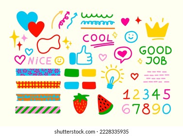 Resumen de formas de doodle coloridas. Las formas de doodle dibujadas a mano de colores se establecen aisladas sobre fondo blanco. Formas de color infantil aleatorias y un conjunto de garrapatas.
