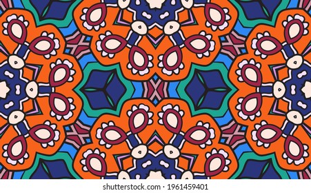 Abstract colorful doodle geometric flower seamless pattern. Floral background. Mosaic, geo tile of thin line ornament.