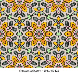 Abstract colorful doodle geometric flower seamless pattern. Floral background. Mosaic, geo tile of thin line ornament.