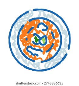 Abstract colorful doodle illustration featuring messy orange lines and blue outlines, resembling a stylized food dish in a bowl, creating a playful and artistic concept