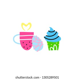 Abstract colorful doodle mug, cupcake and egg isolated on white background.