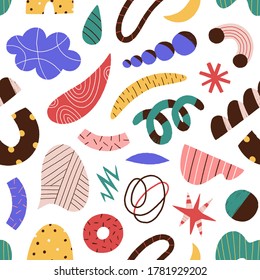 Abstract colorful doodle scrawl seamless pattern. Trendy elements and objects - curves, dots, spots, stars, scribbles vector flat illustration. Decorative cute geometric shapes