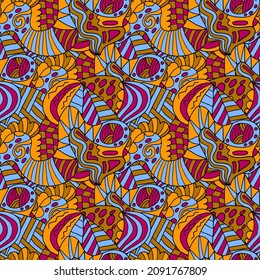 Abstract colorful doodle seamless pattern. Fantasy art background with messy shapes.