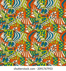 Abstract colorful doodle seamless pattern. Fantasy art background with messy shapes.