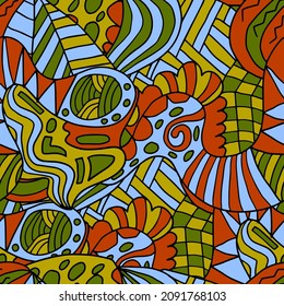 Abstract colorful doodle seamless pattern. Fantasy art background with messy shapes.