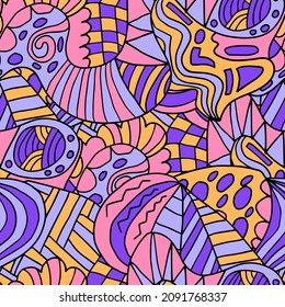 Abstract colorful doodle seamless pattern. Fantasy art background with messy shapes.