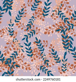 Abstract colorful doodle seamless pattern with leaves, plants, branches. Messy fantasy floral background.