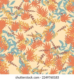 Resumen del doodle colorido patrón sin fisuras con hojas, plantas, ramas. Fantasía desordenada de fondo floral.