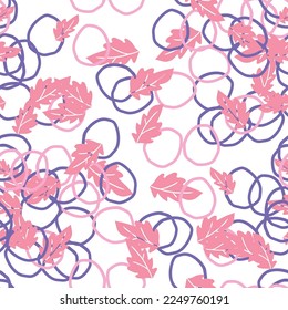 Abstract colorful doodle seamless pattern with leaves, plants, branches. Messy fantasy floral background.