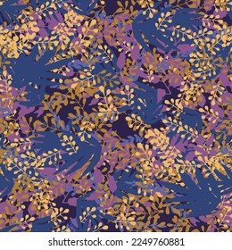 Abstract colorful doodle seamless pattern with leaves, plants, branches. Messy fantasy floral background.