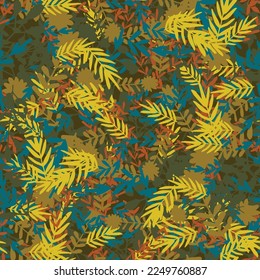 Abstract colorful doodle seamless pattern with leaves, plants, branches. Messy fantasy floral background.