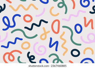 Abstract colorful doodle seamless pattern. Creative minimalist style art background with bright cute element and figure. Simple childish scribble backdrop. Multicolor swirls, lines. Fun vector design.