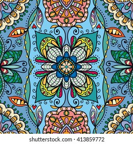 Abstract colorful doodle seamless pattern, endless floral geometric repeating texture. Tribal ethnic ornament, hand drawn vector illustration. Zentangle style colorful background. 