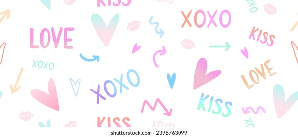 Resumen Colorido Doodle Sensación de Vectores sin Marea con Corazones, Amor, Beso, Flechas y Labios en un fondo blanco. Impresión sin fin de estilo Girly Style Hand Drawn.Diseño repetible de la ondulación.Patrón romántico divertido.