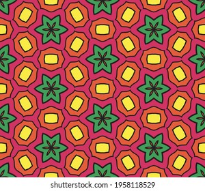 Abstract colorful doodle star seamless pattern. Snowflake background. Mosaic, tile of thin line ornament.