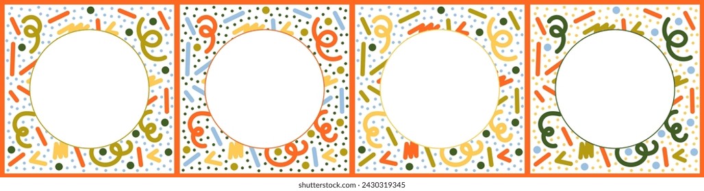 Abstract colorful doodles frame collection. Playful square frame background design for kids